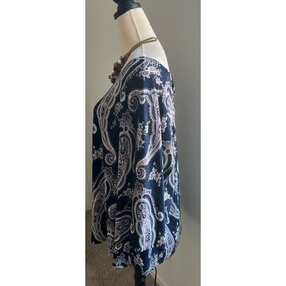 Roz & Ali Blouse Paisley Floral Purple White Stretch Tunic Keyhole Swing Top 2X - Picture 2 of 9
